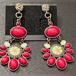 Vintage Like Folksy Boho Dangle Hanging Multicolor Acrylic Gold Tone Earring New